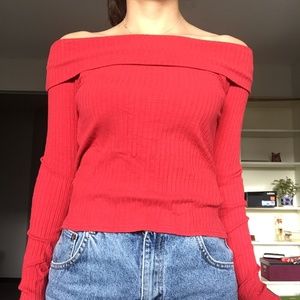 Amisu Shoulderless Long Sleeve Red Top